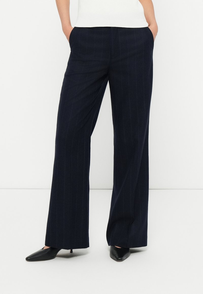 Navy pinstriped trousers with a wide-leg design, made of a smooth fabric, featuring side pockets and a tailored fit. Black pointed shoes.