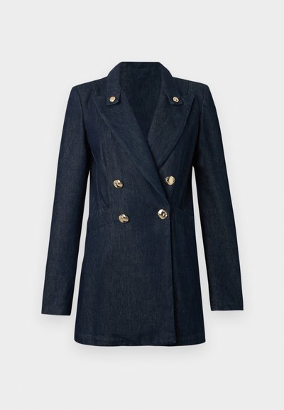 Dark denim blazer with a double-breasted design, gold buttons, sharp lapels, and long sleeves. Smooth texture and tailored fit.