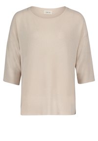 Beżowy, krótkorękawowy sweter dzianinowy z okrągłym dekoltem, luźny krój i fakturowany wzór. Miękka tkanina zwiększa komfort i oddychalność.