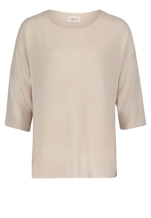 Haut en tricot beige à manches courtes avec un col rond, coupe ample et motif texturé. Le tissu doux améliore le confort et la respirabilité.