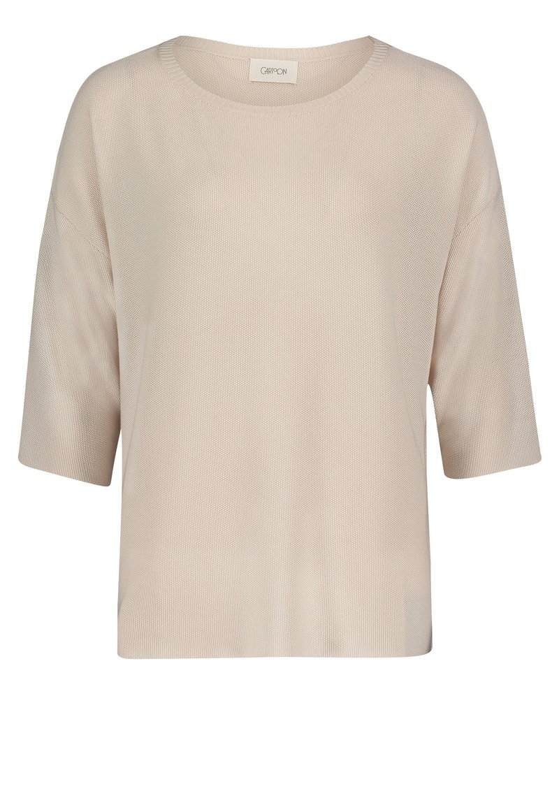 Beżowy, krótkorękawowy sweter dzianinowy z okrągłym dekoltem, luźny krój i fakturowany wzór. Miękka tkanina zwiększa komfort i oddychalność.