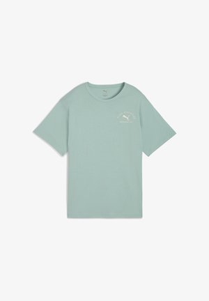 Lichtgroen katoenen T-shirt met een ronde hals en korte mouwen. Heeft een kleine logo-print in beige op de borst. Zachte textuur, casual pasvorm.