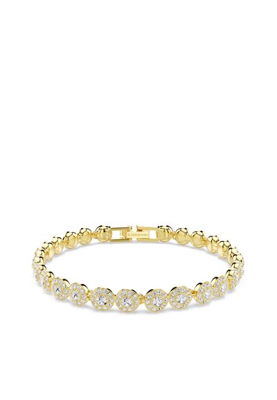 Bracelet en or jaune présentant des clusters ronds de cristaux transparents, une texture lisse et un fermoir sécurisé avec un logo à l'intérieur.