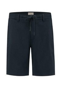 Navy Baumwollshorts mit einem Kordelzugbund, Seitentaschen und geradem Schnitt. Glatte Textur mit minimaler Nahtverarbeitung.