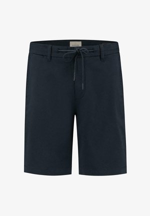 Pantaloni scurți de bumbac de culoare bleumarin, cu talie cu șnur, buzunare laterale și croială dreaptă. Textură netedă cu cusături minime.