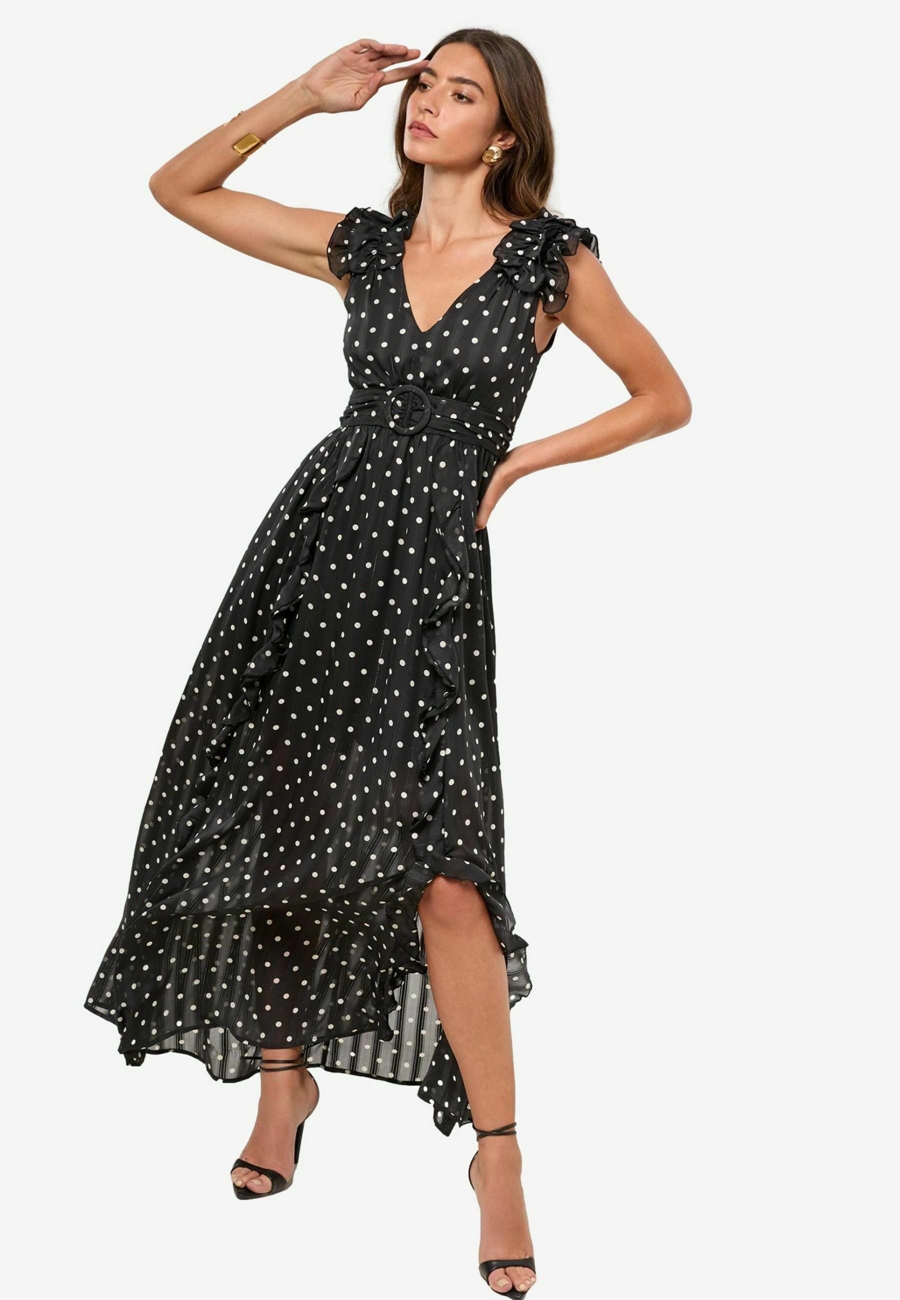 Lipsy REGULAR FIT - SLEEVLESS RUFFLE BELTED - Maxi dress - monochrome  spot/black - Zalando