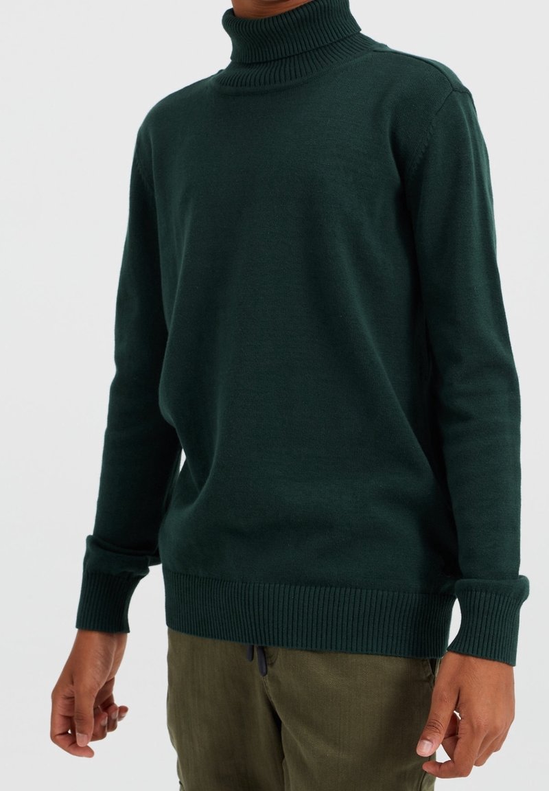 Pull à col roulé vert foncé avec poignets et ourlet côtelés, porté avec un pantalon vert olive sur une personne montrée des épaules aux hanches.