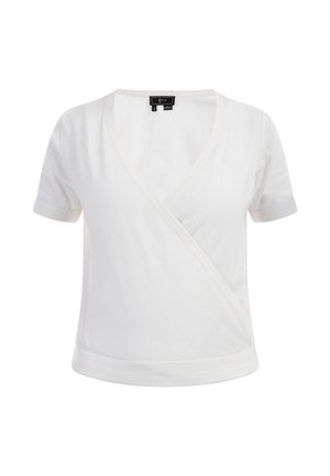 Fehér, rövid ujjú, csomós stílusú felső, puha kötött anyagból. Mély V-nyakkal és bordás részletekkel a hüvelyeken.