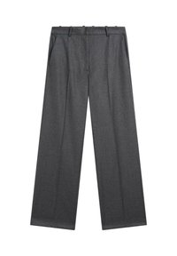 Dunkelgraue weite Hose aus einem strukturierten Stoff, mit flachem Bund, Gürtelschlaufen und zwei Seitentaschen.
