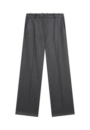 Pantaloni larghi grigi scuri realizzati in un tessuto testurizzato, con vita piatta, passanti per cintura e due tasche laterali.
