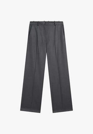 Dark gray wide-leg trousers made from a textured fabric, featuring a flat front, belt loops, and two side pockets.