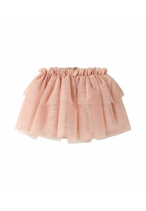 Roze tule rok met een gelaagde ruchesontwerp, voorzien van een elastische tailleband. Zachte, lichte textuur geschikt voor casual gebruik.