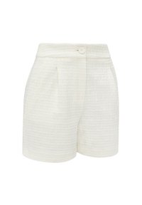 Valkoiset shortsit, jotka on valmistettu teksturoidusta kankaasta, jossa on litteä vyötärö, yksi nappikiinnitys ja sivutaskut lisätietona.