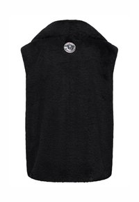 Czarna kamizelka z sztucznego futra z wysokim kołnierzem, z okrągłym metalowym guzikiem jako detalem. Miękka tekstura, brak widocznych zapięć z przodu.
