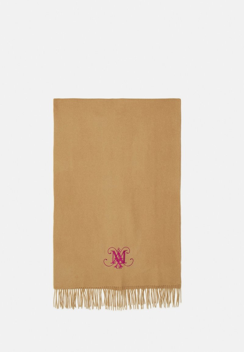 Écharpe en mélange de laine couleur beige, avec un logo brodé rose. Présente des bords frangés, une texture lisse et une forme rectangulaire.