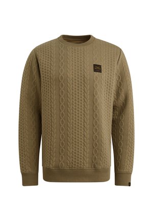 Kaki pletena dukserica s kabel dizajnom, okruglim izrezom i teksturiranim materijalom. Uključuje mali logotip na prsima.