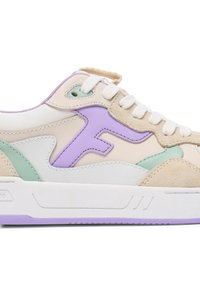 Sneaker gemaakt van beige leer en suède met pastelkleurige paarse, groene en witte accenten. Beschikt over een gestructureerde tussenzool en een multi-getinte bovenkant.