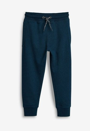 Navy joggings gemaakt van een zachte stof, met een elastische tailleband met een trekkoord, zijzakken en geribde enkelmanchetten.