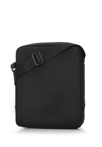 Borsa a tracolla nera realizzata in tessuto resistente, con forma rettangolare, tracolla regolabile e motivo logo discreto sulla tracolla.