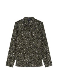 Camicia a stampa leopardata in verde oliva, presenta maniche lunghe, colletto classico, bottoni frontali e macchie animali in bianco e nero a contrasto.