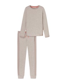 Light gray, long-sleeve top and matching pants in soft fabric; features orange accents and ribbed cuffs; pants have side stripes.