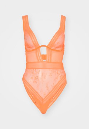Viena gabala peldkostīms spilgti oranžā krāsā ar mežģīņu pārklājumu, ar izgriezuma dizainu, platām siksnām un teksturētām detalizācijām papildus stilam.