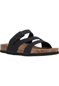 Sandale noire avec trois sangles, une boucle et une semelle en liège sur une semelle en caoutchouc texturé. Le design est ouvert à l'avant et présente un profil décontracté.