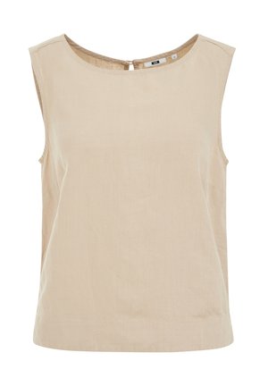 Beige ärmlös topp tillverkad av mjukt material, med rund halsringning och en liten knäppning på ryggen. Enkel, rak skärning.