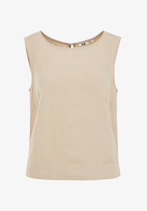 Bež majica bez rukava od mekog materijala, sa okruglim izrezom i malim dugmetom na leđima. Jednostavan, ravno krojen dizajn.