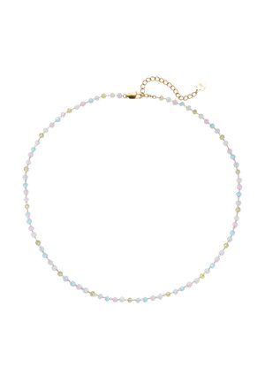 Zarte Perlenkette mit kleinen Pastellperlen in Blau, Pink und Grün, mit einem goldenen Kettenverschluss und Verlängerung.