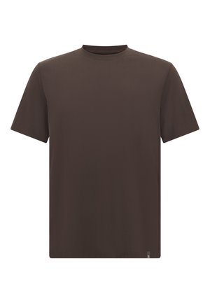 Brun bomulds t-shirt med korte ærmer og rund hals. Har et lille logo-tag i kanten. Glat tekstur, normal pasform.