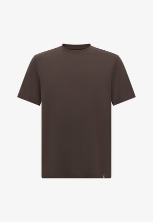 Brązowa bawełniana koszulka z krótkim rękawem i okrągłym dekoltem. Posiada małą metkę z logo u dołu. Gładka tekstura, regularny krój.