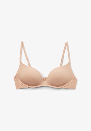 Reggiseno imbottito beige con spalline regolabili, design senza cuciture e un leggero lucido. Presenta un gancio centrale e una superficie liscia.