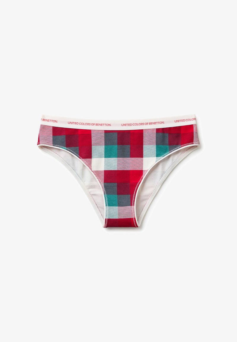 Mutandine da donna stile bikini a quadretti rossi, verde acqua e bianchi con fascia in vita bianca recante la scritta rossa "United Colors of Benetton".