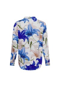 Blumen Langarmhemd mit einem weißen Hintergrund und blauen sowie rosa Lilienmustern. Hergestellt aus leichtem Stoff, mit einem Kragen-Design.