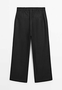 Svarta vida byxor i ett lätt material. Har en elastisk midja och två bakfickor. Slät yta, inga synliga mönster.