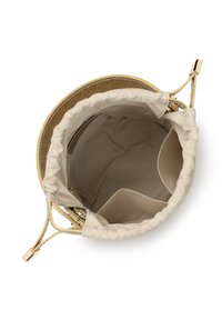 Sac seau beige à cordon, vue de dessus ouverte montrant un intérieur spacieux avec des poches intérieures et des embouts de cordon dorés.