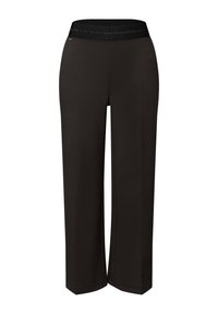 Pantaloni neri a gamba larga con morbida fascia elastica in vita. Realizzati in tessuto leggero con una texture liscia e senza motivi o accessori visibili.