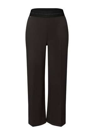 Zwarte broek met wijde pijpen en een zachte elastische tailleband. Gemaakt van lichtgewicht stof met een gladde textuur, zonder zichtbare patronen of hardware.