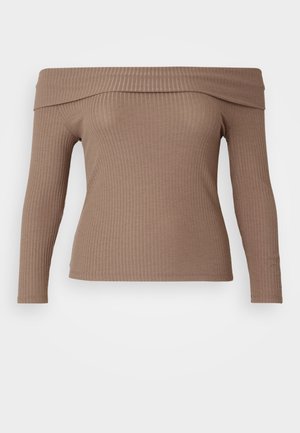 Top s dlouhým rukávem bez ramínek v světle hnědé ribované tkanině, s přiléhavým střihem a hladkou strukturou.
