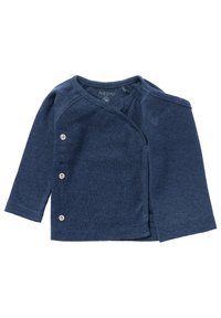 Mørkeblå cardigan i økologisk bomuld med lange ærmer, omslag design, ribbet tekstur og trykknaplukning foran for nem påklædning.
