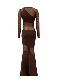 Braunes Zwei-Teile-Kleid mit langen Ärmeln, durchsichtigen Netzpaneelen und einer figurbetonten Silhouette mit ausgestellt geschnittenem Saum.