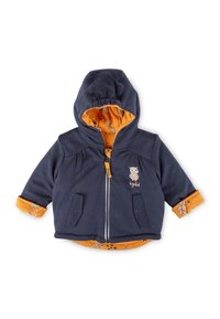 Dunkelblauer Kinderjacke mit Kapuze, Futter mit orangefarbenem Blatt- und Sternmuster, Eulen-Stickerei, Frontreißverschluss und zwei Druckknopf-Leisten-Taschen.