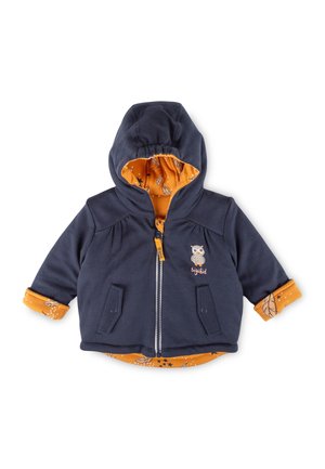Dunkelblauer Kinderjacke mit Kapuze, Futter mit orangefarbenem Blatt- und Sternmuster, Eulen-Stickerei, Frontreißverschluss und zwei Druckknopf-Leisten-Taschen.