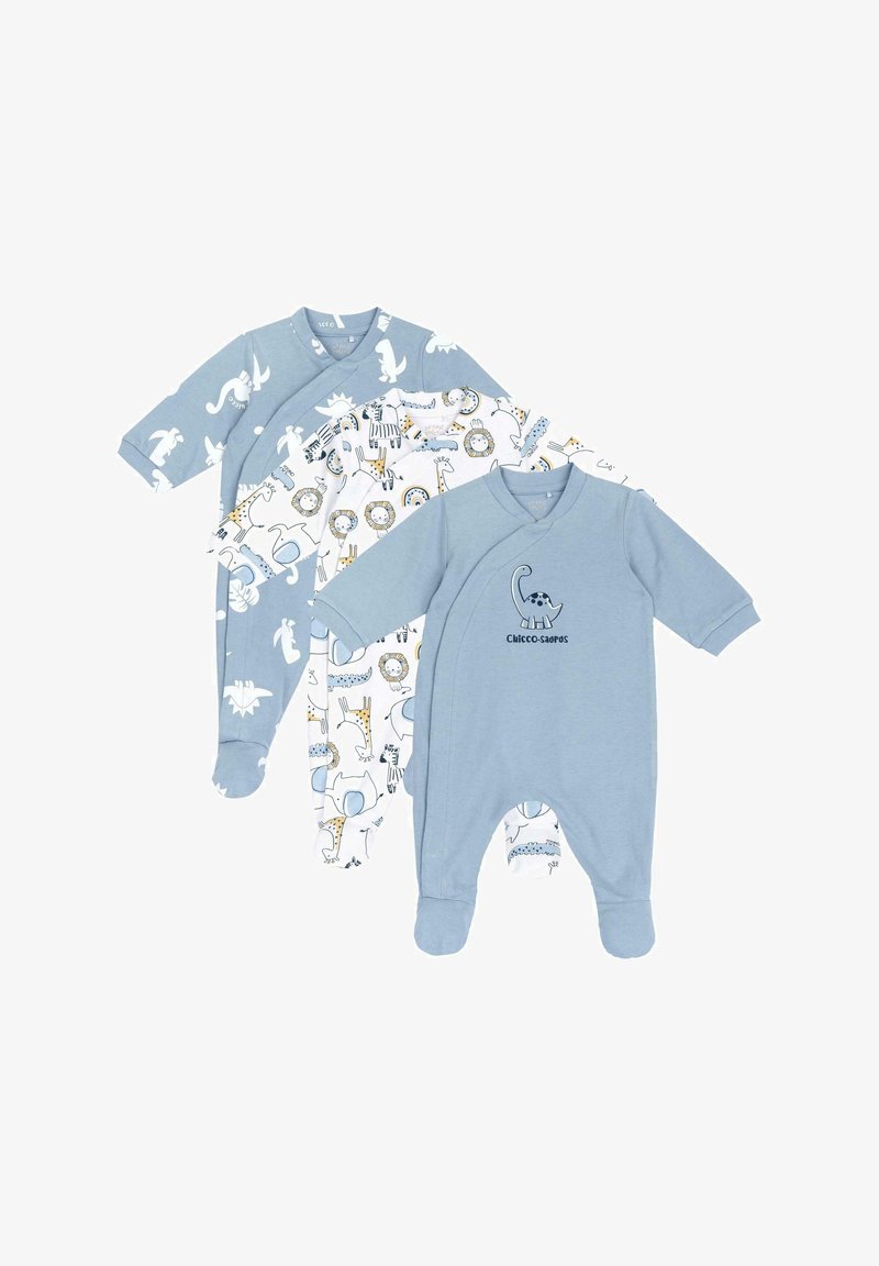 Drei Babybodys: einer hellblau mit einem Dinosaurierdruck, einer gemustert mit Tieren und einer einfarbig blau mit einem Wickeldesign. Baumwollstoff.
