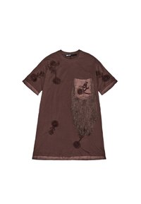 Bruine jurk met korte mouwen, voorzien van bloemembroidery, satijnen zak en franjes. Zachte, gestructureerde stof met een ontspannen pasvorm en ronde halslijn.