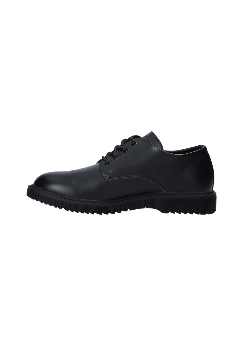 Scarpe in pelle nera con punta arrotondata, dotate di sei occhielli per i lacci, suola in gomma testurizzata e finitura liscia.
