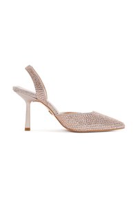 Slingback-High-Heel-Schuh mit spitzem Zehenbereich in zartrosafarbener Ausführung, verziert mit Strasssteinen im Obermaterial und einem eleganten Stiletto-Absatz.