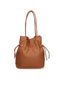 Borsa tote in pelle marrone con un design morbido e floscio, chiusura con cordoncino arricciato e due manici lunghi per il trasporto.