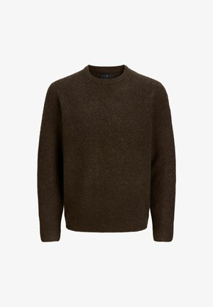 Brun uldtrøje med rund halsudskæring, lange ærmer og en blød, struktureret overflade. Ingen synlige mønstre eller hardware detaljer.